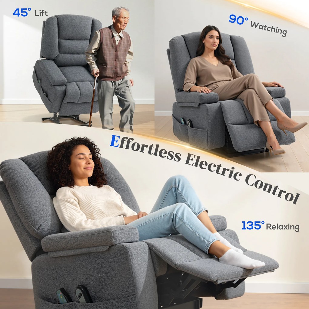 HOMCOM Scaun Rabatabil, Canapea cu Masaj prin Vibrații și Căldură, Scaun de Ridicare cu Telecomandă, 97x90x102 cm, Gri