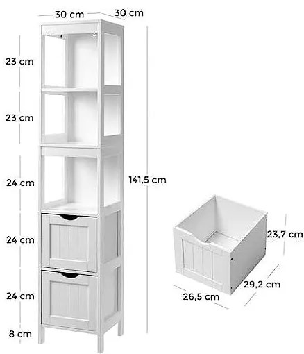 Dulap de depozitare pentru baie, Vasagle, 30x30x141.5cm, BBC66WT, Alb