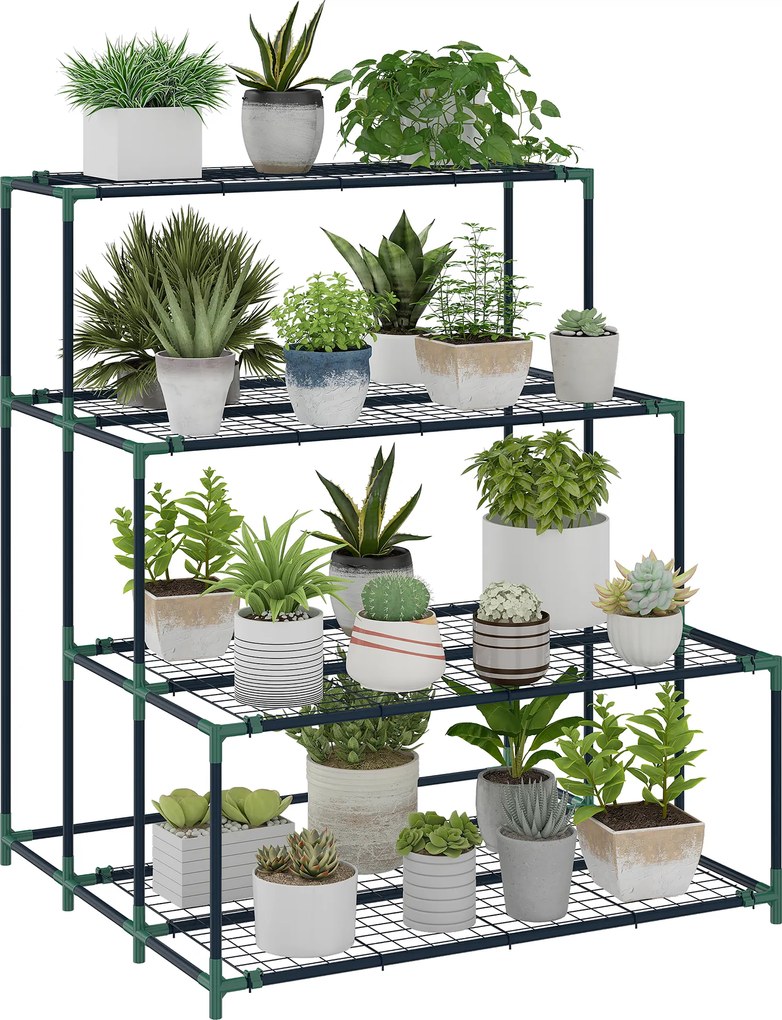 Outsunny Suport de plante cu 4 niveluri, înălțime 110 cm, suport de flori cu 24 de clipsuri, raft pentru plante din oțel Verde închis | Aosom Romania