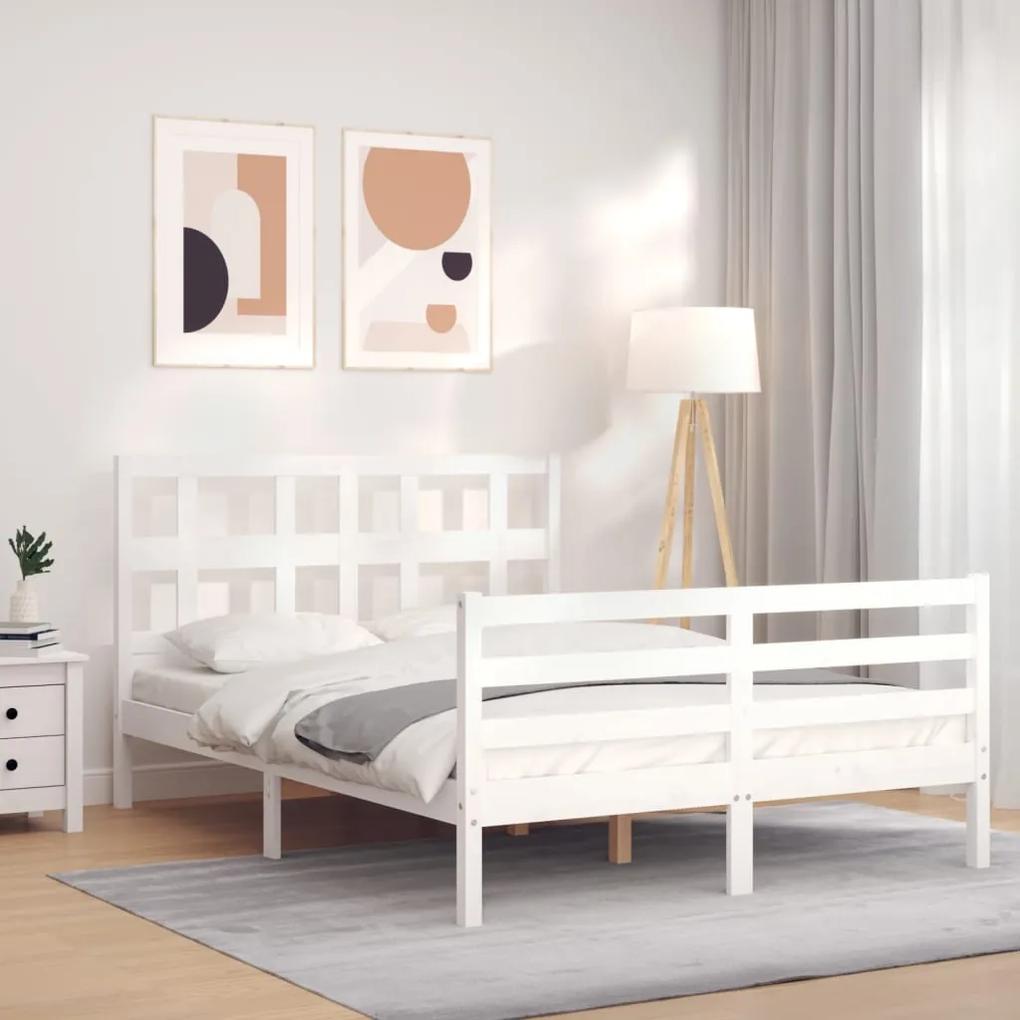3194807 vidaXL Cadru de pat cu tăblie, dublu, alb, lemn masiv