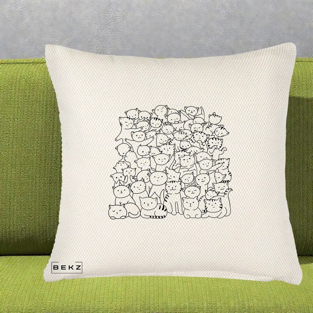 Perna Personalizata Many Cats Pattern Alb-Negru, 40x40 cm, Crem Reliefat, Husa Detasabila, Perna Inclusa, BEKZ®