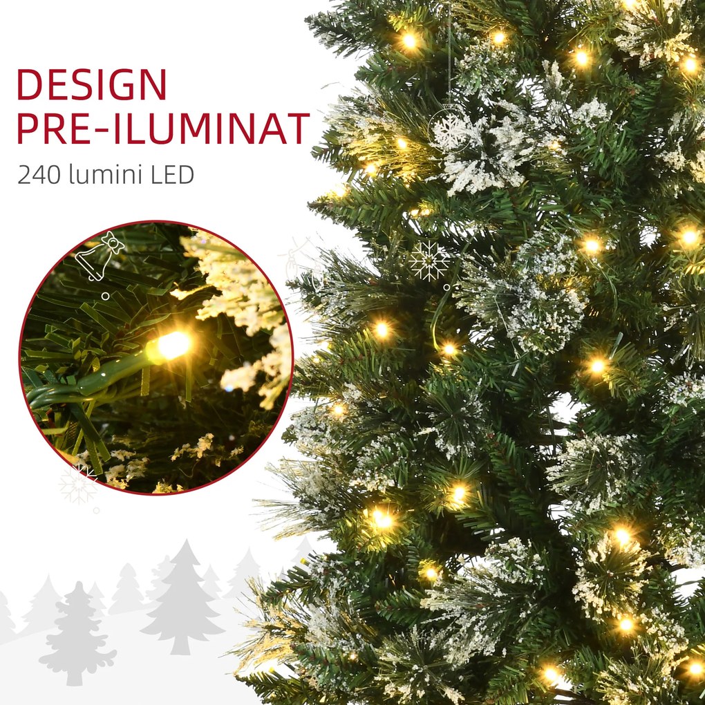 Brad de Craciun 180cm Artificial cu 240 Lumini LED si 618 Ramuri, Brad Acoperit cu Zapada Inalt si Ingust cu Postament din Otel HOMCOM | Aosom RO