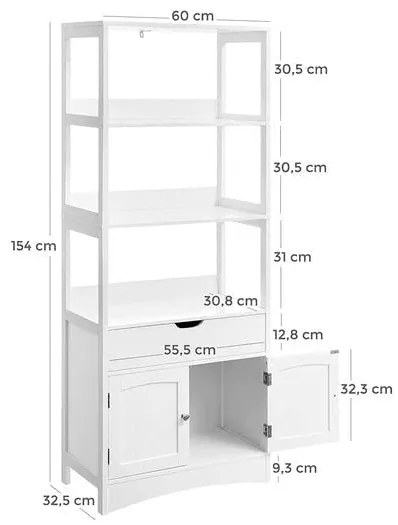Dulap Inalt De Depozitare Pentru Baie, Cu 3 Rafturi, 1 Sertar Si 2 Usi, Alb, 60 Cm