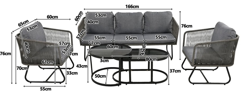 Set de lounge de grădină din 5 piese cu frânghie, picioare reglabile, blat de masă din sticlă netedă, inclusiv perne de șezut și spate, Gri