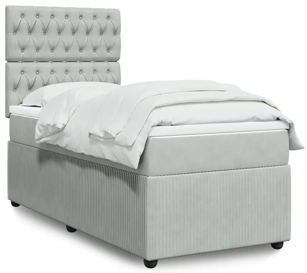 vidaXL Pat box spring cu saltea, gri deschis, 100x200 cm, catifea