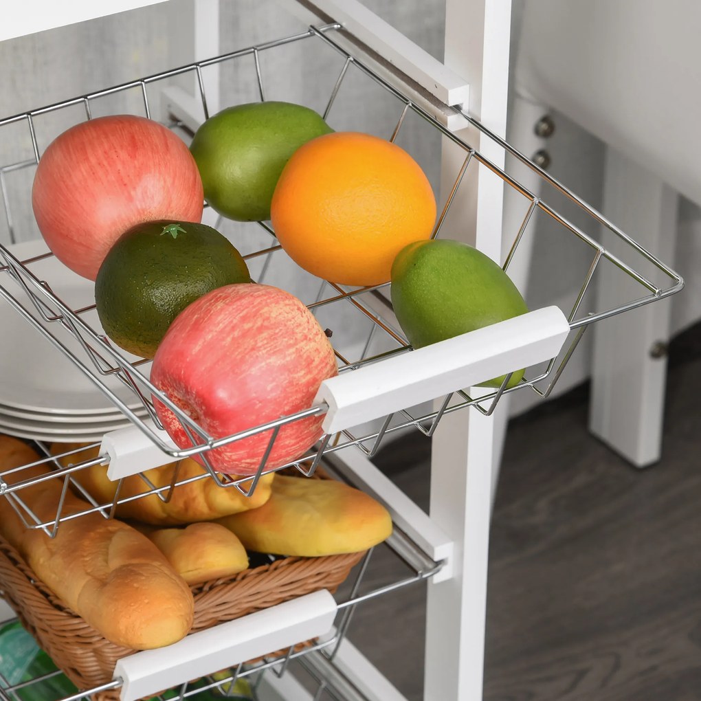HOMCOM Cărucior de servire măsuță cu roți multi-rangements 4 coșuri metal + sertar lemn de pin 37 x 37 x 82 cm alb | Aosom Romania