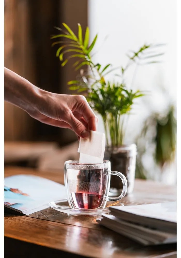 Set 2 pahare din sticlă cu perete dublu și farfurioară Vialli Design, 250 ml