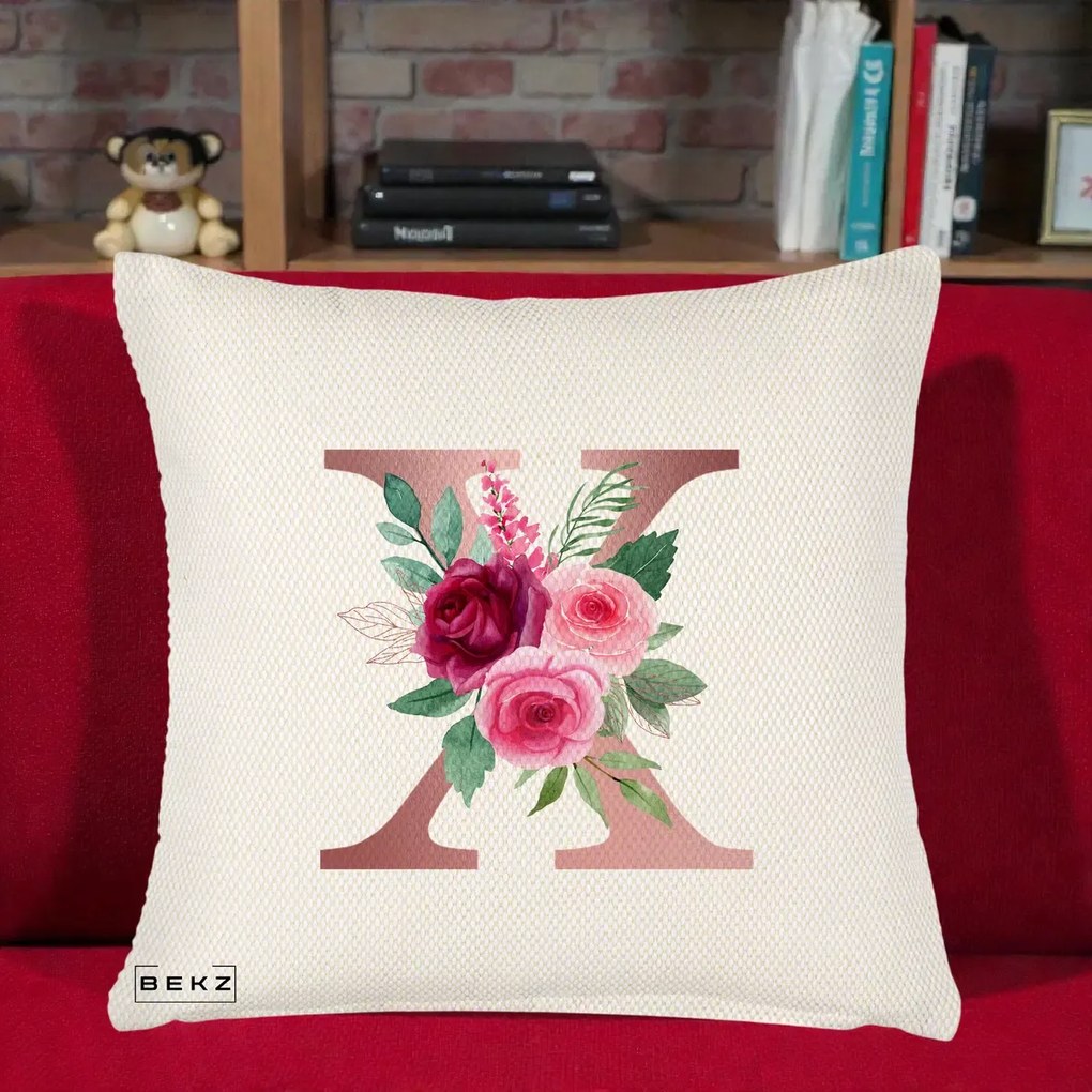 Cadou Personalizat - Perna Personalizata Monograma Rose Gold Litera X, 40x40 cm, Crem Reliefat, Husa Detasabila, Perna Inclusa, BEKZ®