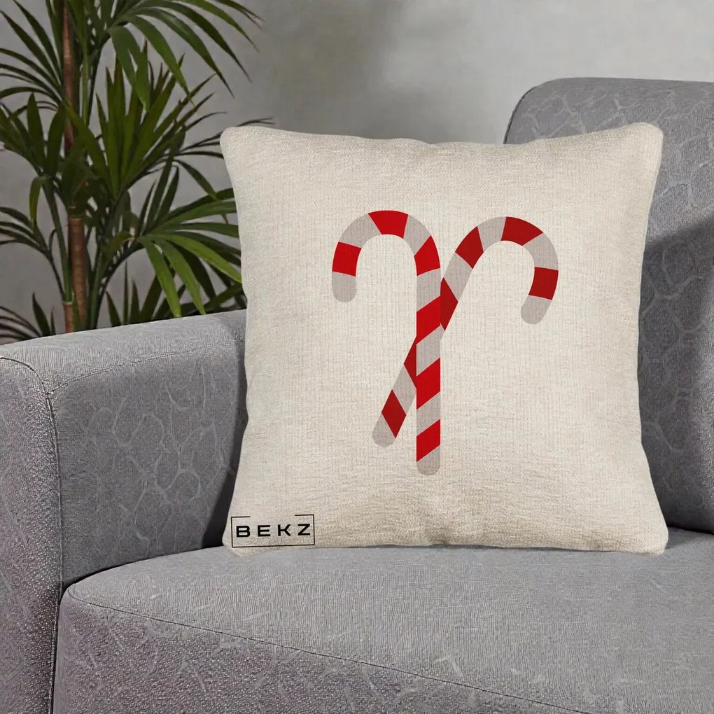 Perna Decorativa Candy Cane de Craciun, 40x40 cm, Bej Canapea, Husa Detasabila, Perna Inclusa, BEKZ®