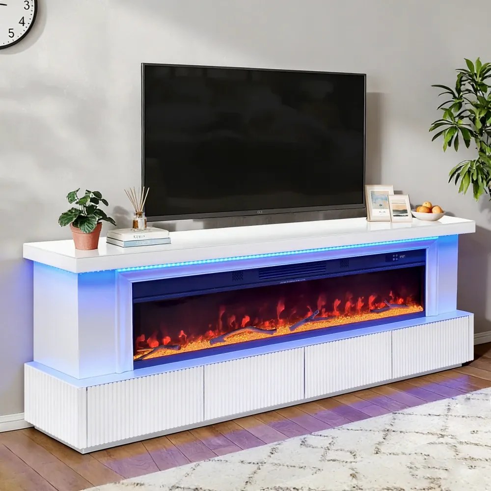 Șemineu Electric cu Flacără LED în 7 Culori, Comodă TV, Încălzire, Bluetooth, Difuzoare Integrate, Iluminare LED Ambientală, Telecomandă, MDF, Finisaj Alb Oglindă