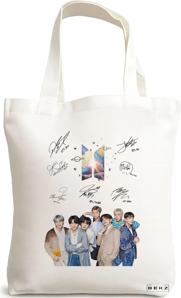 Sacosa de Panza pentru Cumparaturi, Geanta Tote, model BTS Army 9 cu semnaturii, 38x34.5 cm, Alba, BEKZ®