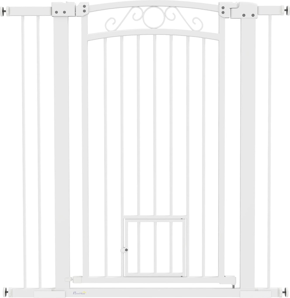 PawHut Ușă de Siguranță pentru Câini de Interior cu 2 Extensii și Ușiță pentru Pisici, 76-104x77 cm, Alb | Aosom Romania