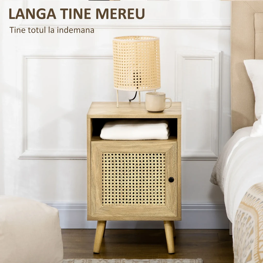 HOMCOM Set 2 Noptiere Moderne cu Dulap și Raft Deschis PAL Ratan MDF pentru Dormitor și Living 39x35x60 cm | Aosom Romania