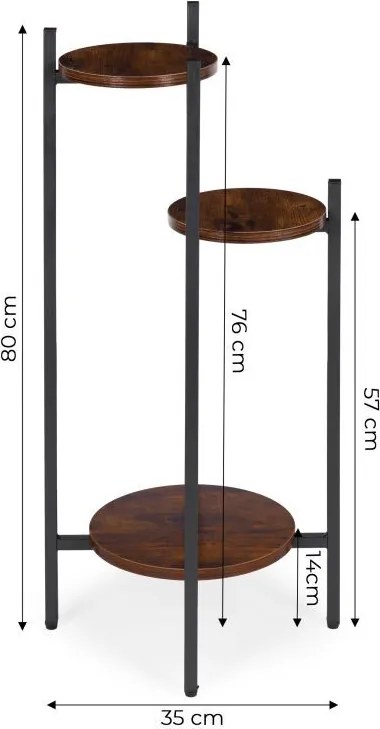 Suport pentru flori Loft - raft cu 3 etaje cu rafturi rotunde din lemn