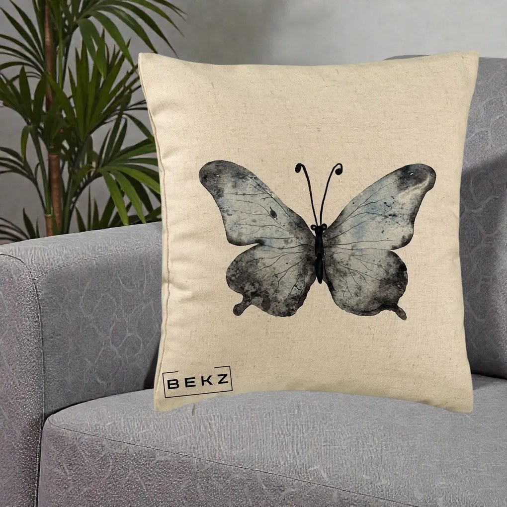 Perna Decorativa Fluture Acuarela Albastru-Gri, 40x40 cm, Bej, Husa Detasabila, Perna Inclusa, BEKZ®