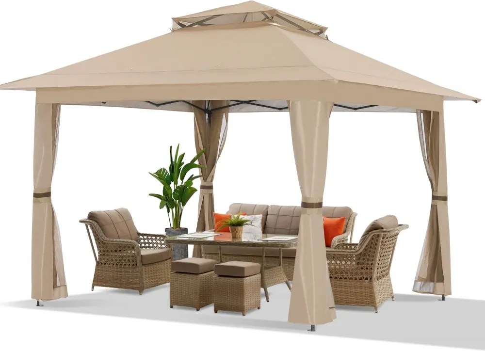 ABCCANOPY Foișor de gradina 3.96x3.96 m - Foișor exterior cu cadru din oțel și plasă de țânțari, înălțime reglabilă 3 trepte, pentru gazon, curte, grădină, terasă, Bej