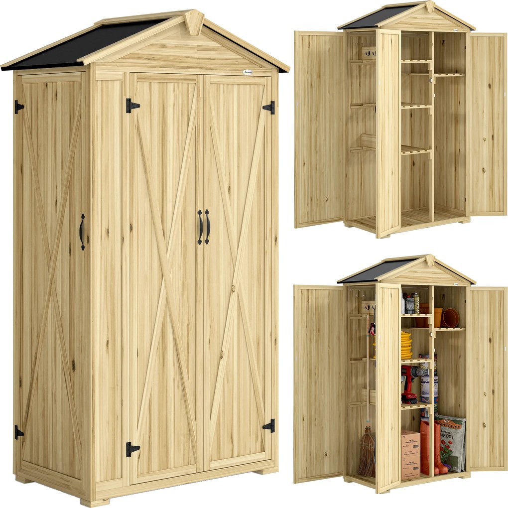 Outsunny Dulap de Grădină Căsuță pentru Unelte cu 3 Uși 93x53x168 cm Lemn Natural | Aosom Romania