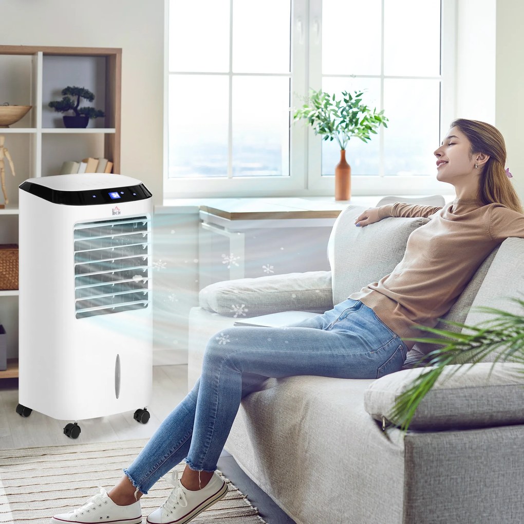 HOMCOM Răcitor de Aer Portabil 4-în-1 de 10L cu Umidificator, Sistem de Răcire, Timer 8 Ore, Telecomandă, pentru Încăperi de până la 20㎡, 60W, ABS, Alb și Negru, 38,2 x 31,6 x 76 cm | Aosom Romania