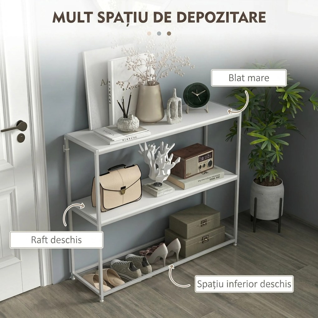 HOMCOM Masă Consolă de Intrare Subțire cu Partea Superioară Deschisă, Dulap Consolă din Oțel și PAL, 100x30x87 cm, Alb | Aosom Romania