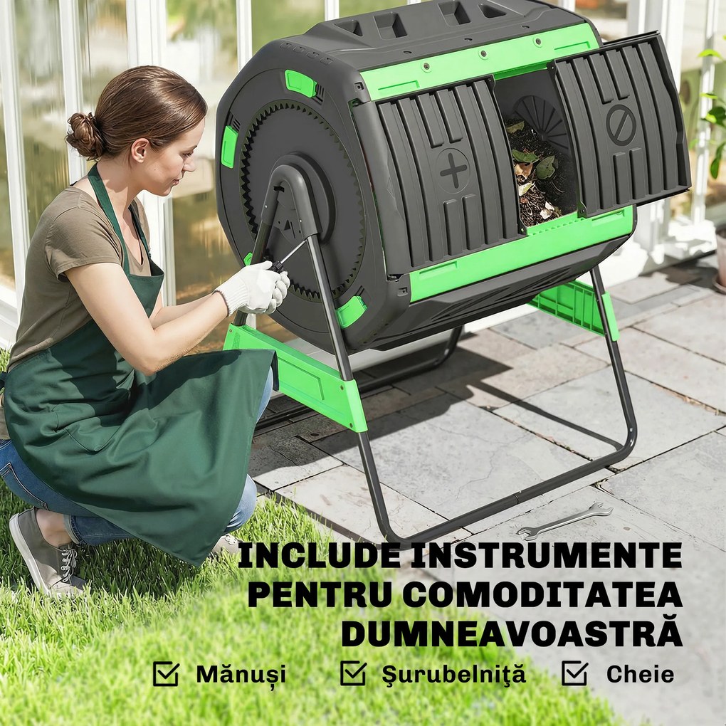 Compostor de Grădină Rotativ Outsunny 200L cu Cameră Dublă, Rotație 360°, Guri de Aerisire, Mănuși, din PP Fără BPA, pentru Compostare Deșeuri Organice din Bucătărie, Grădină și Curte | Aosom Romania