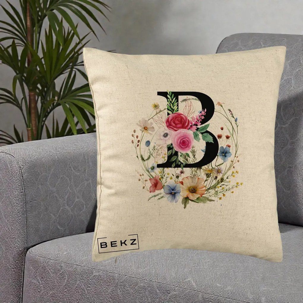 Cadou Personalizat - Perna Personalizata Monogram Litera B cu Flori Acuarela, 40x40 cm, Bej, Husa Detasabila, Perna Inclusa, BEKZ®