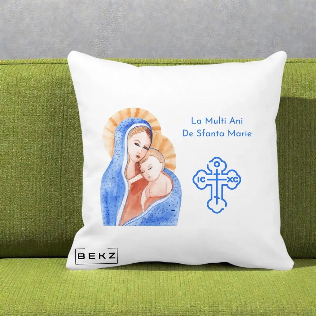Cadou de Onomastica - Perna Personalizata Sfanta Marie Icoana Acuarela, 40x40 cm, Alba Mata, Husa Detasabila, Perna Inclusa, BEKZ®