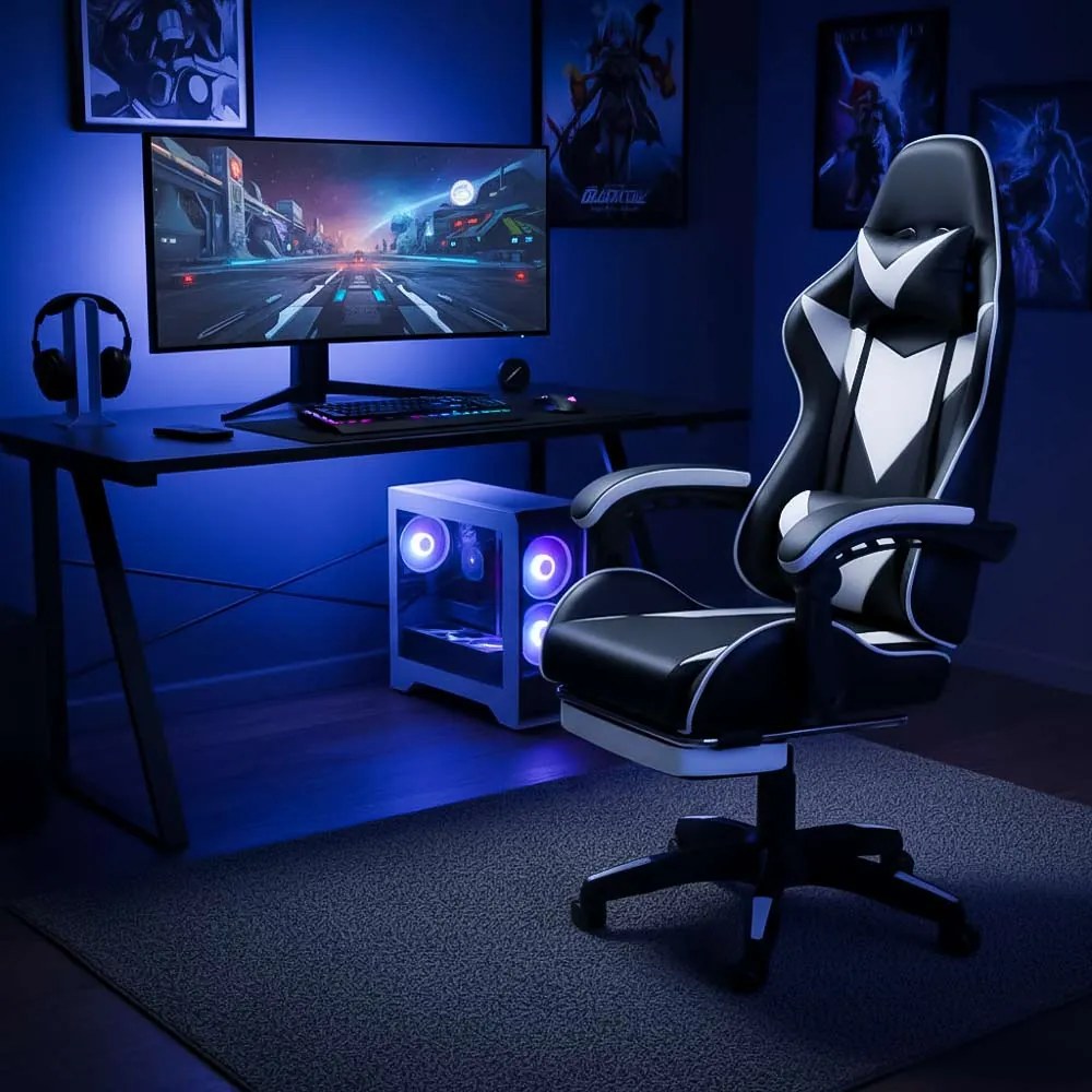 Scaun gaming din piele sintetică cu suport pentru picioare OFF 299 alb cu negru