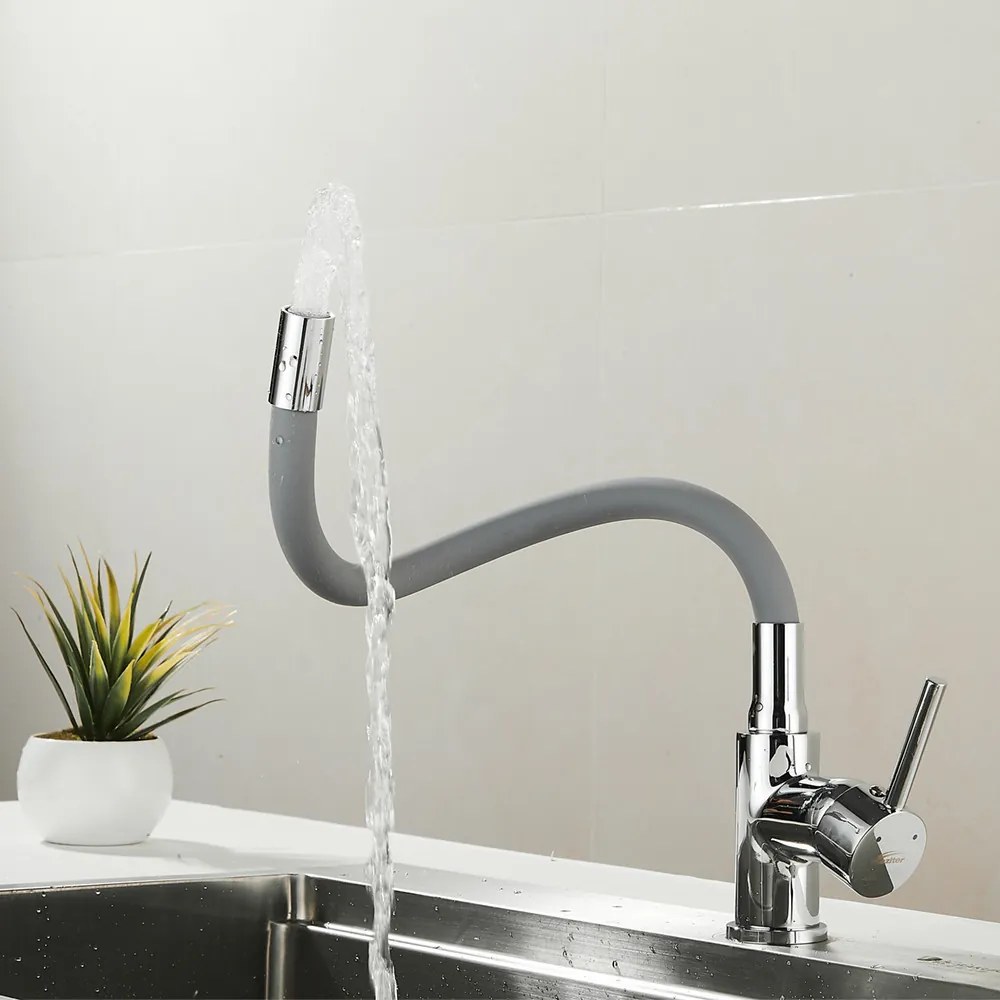 Robinet mixer pentru chiuvetă cu piedestal Corin cu gura de scurgere flexibilă gri