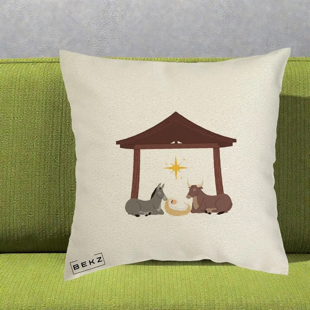 Perna Decorativa Ieslea din Betleem cu Iesle Asin si Bou, 40x40 cm, Ecru, Husa Detasabila, Perna Inclusa, BEKZ®