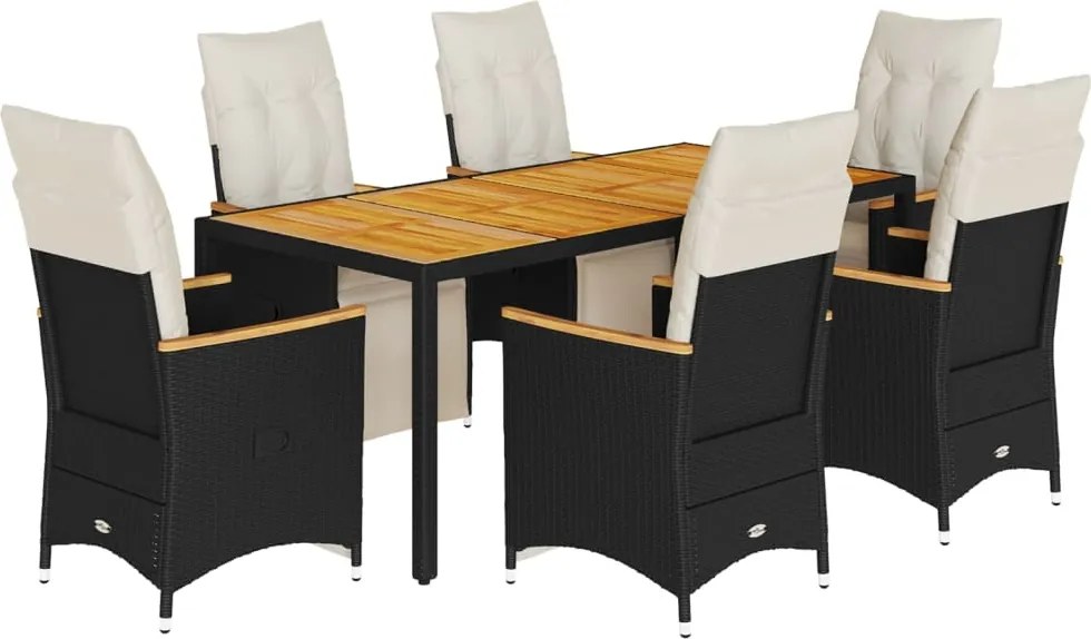 vidaXL Set bistro de grădină, 7 piese, cu perne, negru, poliratan