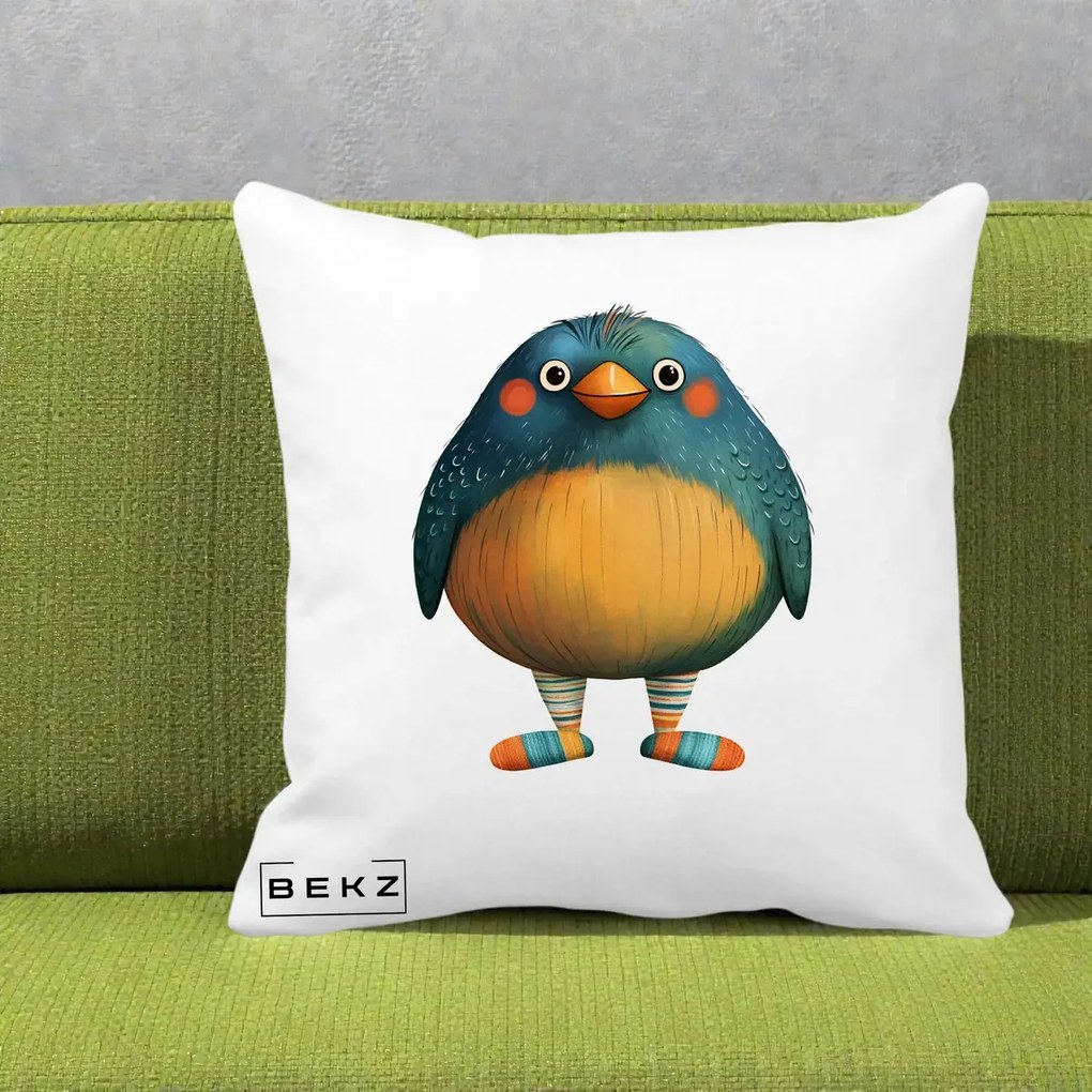 Perna Decorativa Pasare Teal cu Sosete Dunghi, 40x40 cm, Alba Mata, Husa Detasabila, Perna Inclusa, BEKZ®