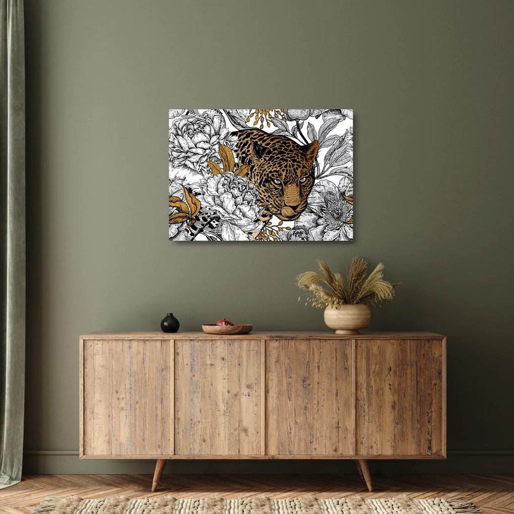 Tablou pe sticlă - Leopard între flori (70x50 cm)