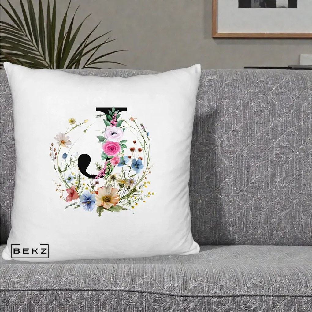 Cadou Personalizat - Perna Personalizata Monogram Litera J cu Flori Acuarela, 40x40 cm, Alb Pufos, Husa Detasabila, Perna Inclusa, BEKZ®