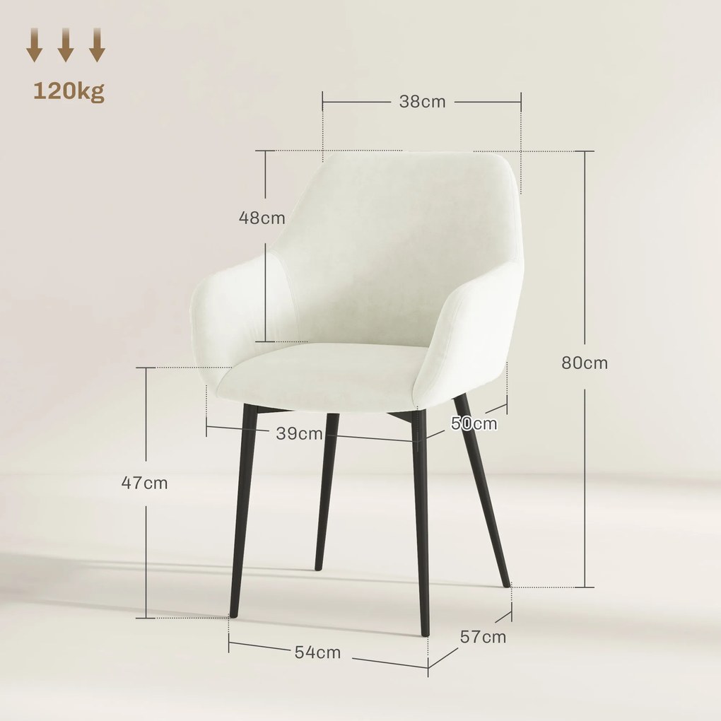 HOMCOM Set 2 Scaune de Dining Tapițate în Stil Nordic cu Brațe și Picioare din Oțel, 54x57x80 cm, Alb Crem | Aosom Romania
