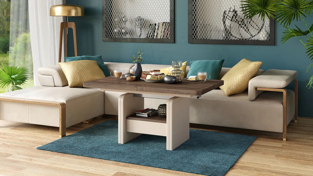 Mazzoni LEXUS Stejar Maro/Bej (Șampanie) - MĂSUȚĂ DE CAFEA EXTENSIBILĂ MODERNĂ