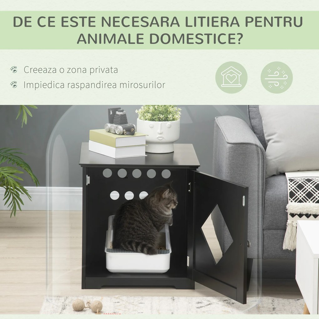 PawHut Litiera Pisici Retractabilă cu Ușă și Raft Magnetic, MDF, 48.5x53x51.5cm, Design Elegant, Negru | Aosom Romania