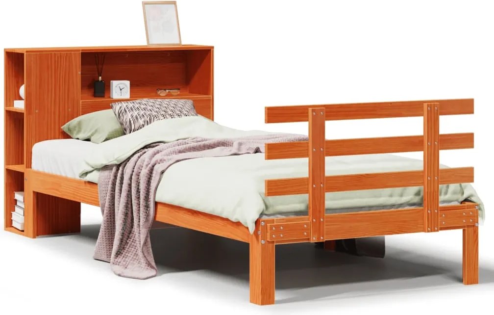 vidaXL Pat bibliotecă fără saltea maro ceruit 75x190 cm lemn masiv pin