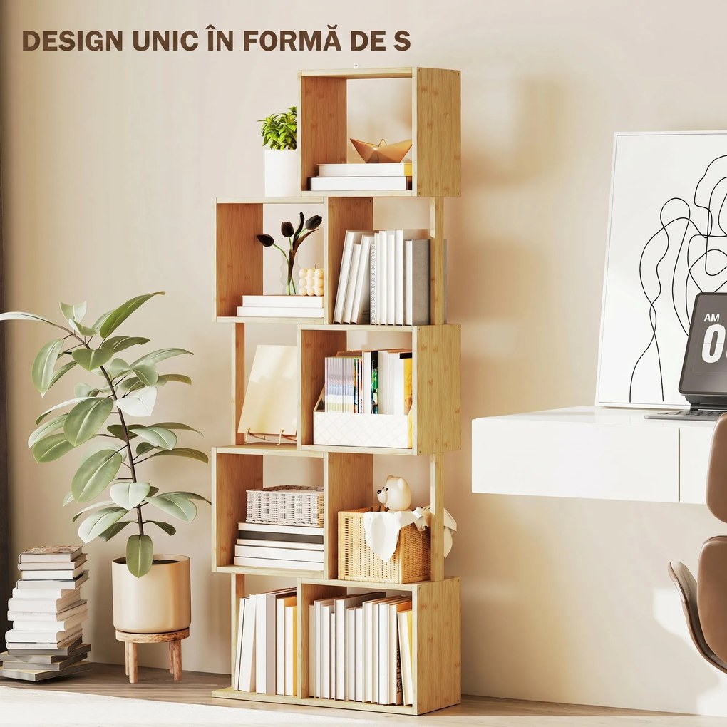 HOMCOM Librărie modernă și asimetrică cu 5 niveluri din bambus, 62.5 x 23 x 165 cm, lemn | Aosom Romania