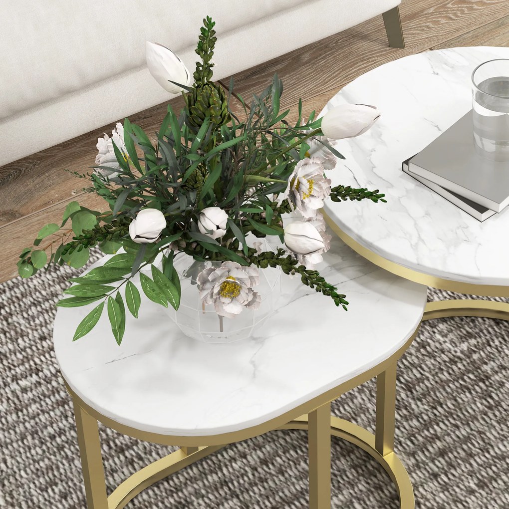 HOMCOM Set 2 Măsuțe de Cafea cu Blat cu Efect de Marmură din MDF și Oțel, Ø50x50.5 cm și 60x36x43.5 cm, Alb și Auriu | Aosom Romania