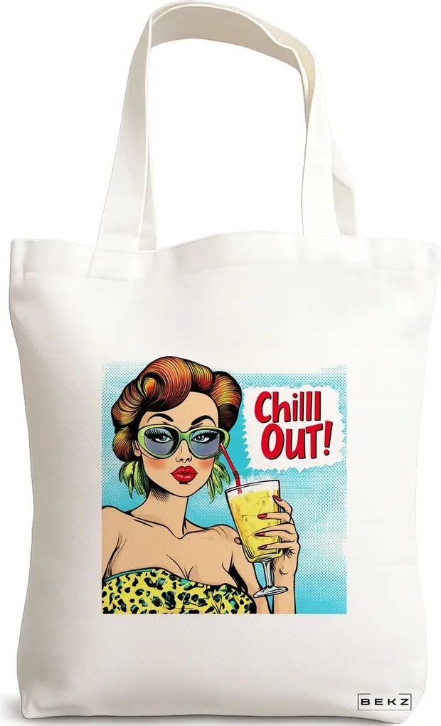 Sacosa de Panza pentru Cumparaturi, Geanta Tote, model Chill out 38 x 34.5 cm, Alba, BEKZ®