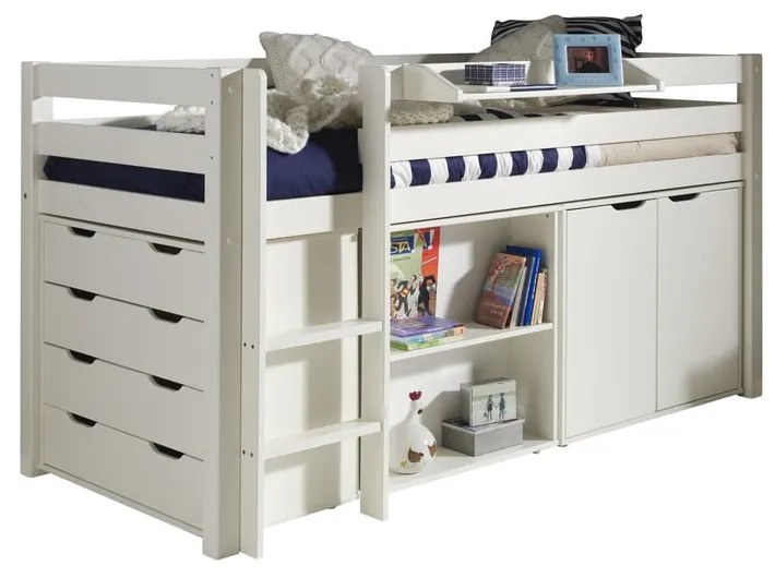 Pat pentru copii supraetajat alb din lemn masiv de pin 90x200 cm PINO – Vipack