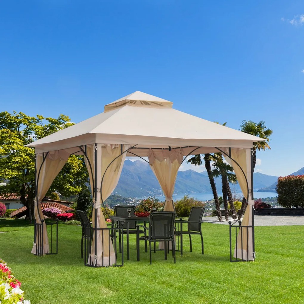 Outsunny Pavilion de Grădină cu Acoperiș Dublu din metal și Poliester,Bej, 3x3m