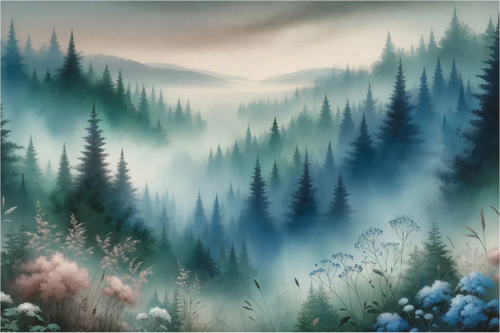 Tablou - Peisaj forestier cu ceață (90x60 cm)
