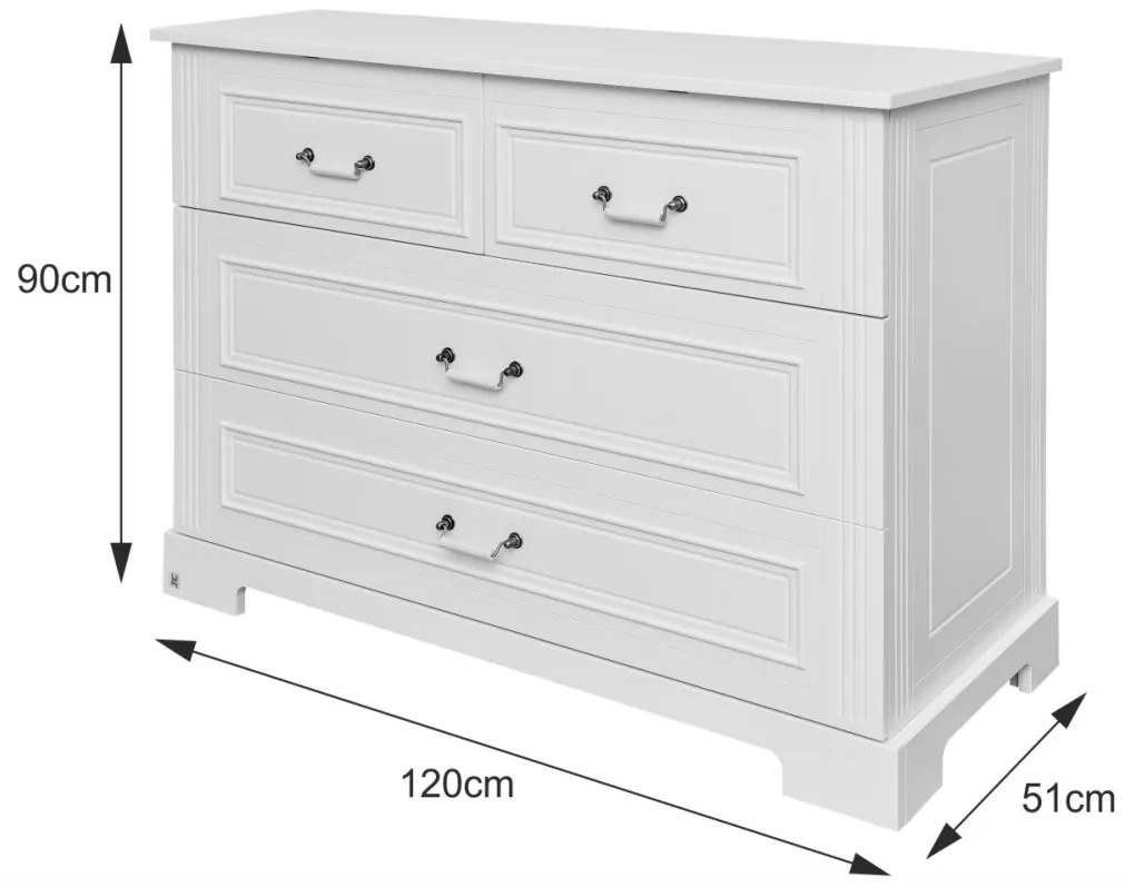 Comoda eleganta Ines alba cu 4 sertare L120 cm