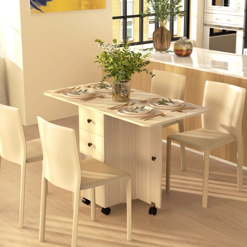 HOMCOM Masă de Bucătărie Pliabilă, Masă Rabatabilă cu Roți și Frâne pentru 6 Persoane, Birou Pliabil cu 2 Sertare și Dulap, pentru Living, 120x60x76.5 cm, Lemn Natural | Aosom Romania