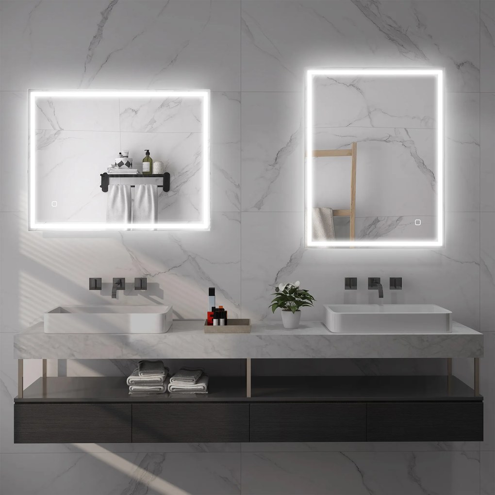 HOMCOM Oglinda de baie cu iluminare 90x70 cm LED Spiegel Wandspiegel cu functie de memorie 3 culori Argintiu | Aosom Romania