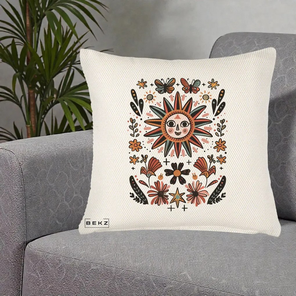 Perna Decorativa Soare Boho Folk Fluturi, 40x40 cm, Crem Reliefat, Husa Detasabila, Perna Inclusa, BEKZ®