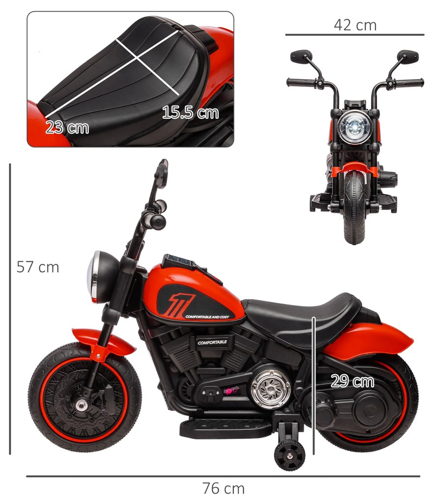HOMCOM Motocicleta Electrica pentru Copii 18-36 Luni, cu Roti Suplimentare si Far, din PP si Metal ,Rosu si Negru | Aosom Romania