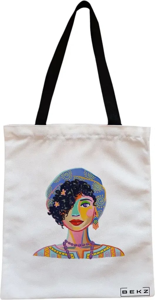 Sacosa de Panza pentru Cumparaturi, Geanta Tote, model Portret Vibrant 5, Cu fermoar, 38x34.5 cm, Alba, BEKZ®