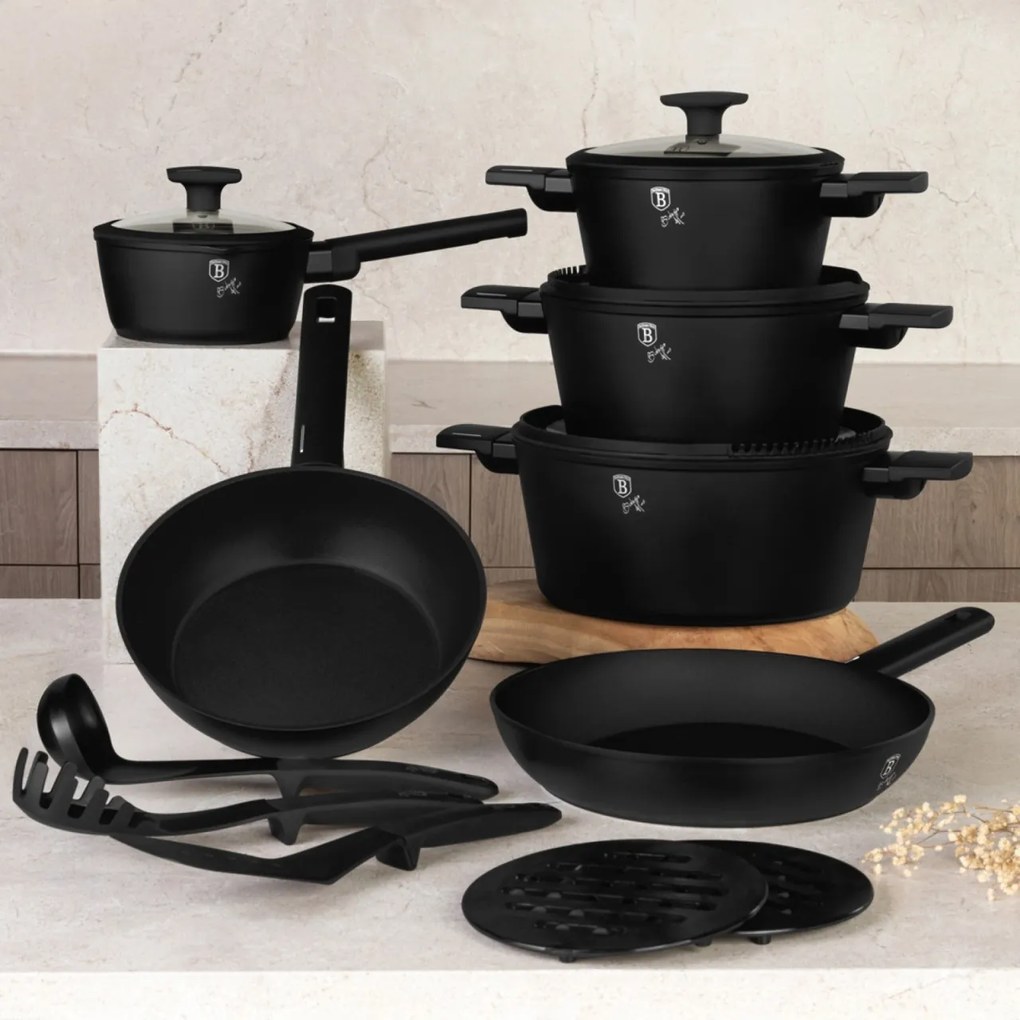 Set oale si tigai cu capace 15 Matte Black Piese Berlinger Haus BH 8198, negre, antiaderente, compatibile inductie
